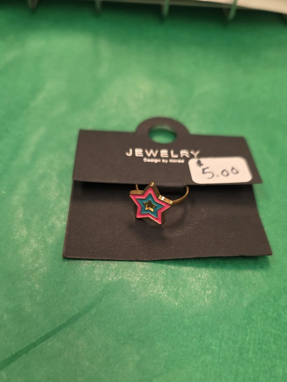 Star-Shaped Enamel Ring in Pink & Teal - Jewelry